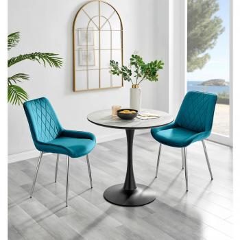 Furniture of America Elina White Marble Round Dining Table and 2 Silver Pesaro Velvet Chairs