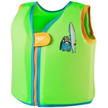 Speedo „Charakter‑Veste“ zum Lernen schwimmen – buntes Tiermuster, Hellgrün/Blaublau/Gelb, Größe 1–2