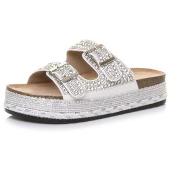 Low‑Heel Chunky Sole Mule, White, Diamante Buckle – Ajvani