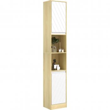 Mobile Colonna Bagno in Legno con 2 Armadietti e Ripiani, 30x24x170 cm, Rovere e Bianco