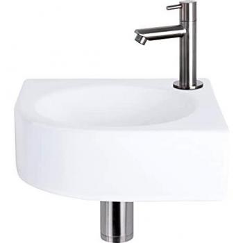 Differnz Cleo Set lave-mains 30x30x10cm 1 trou avec robinet droit et siphon + bonde chrome mat Quart de rond Céramique Blanc