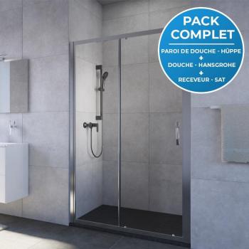 HÜPPE Système douche Porte coulissante 120cm + Set mitigeur Hansgrohe + Receveur Satalek 120x90cm, Noir