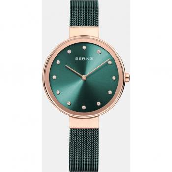 BERING Damenuhr Classic Rund Roségoldfarben Grün mit Milanaiseband 12034-868