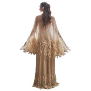 Ecru Feather-Caped Maxi Bridal Dress – Women’s Size 14