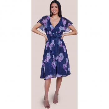 Goddiva Women's Flutter Sleeve Midi Dress in Navy