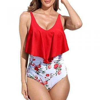 Donppa Rotes Bikini-Design – V‑Ausschnitt, Bauchweg, Rüschendetails