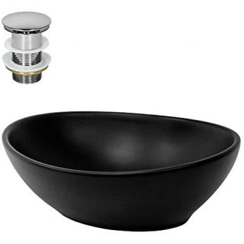 Lavabo Cerámico Negro para Pared o Encimera con Drenaje Cromado