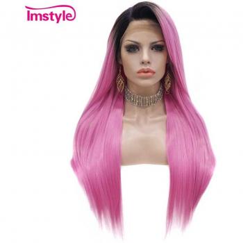 Imstyle Long Pink Hair Wig with Dark Roots