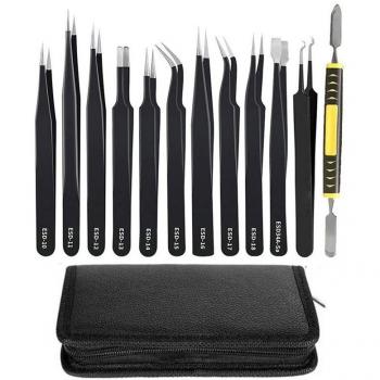Set de pincettes ESD en acier inoxydable, antistatiques, 12 pièces avec sac de rangement