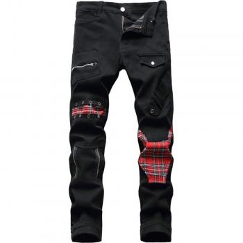 Men's Black Denim Pants with Tartan Plaid and Punk Rock Style