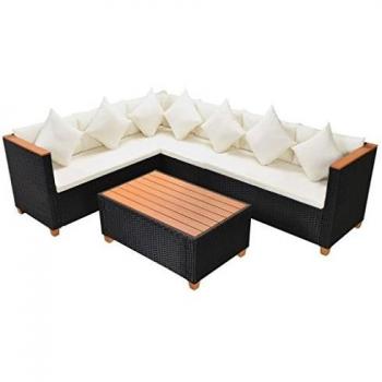 VidaXL Set di Divani da Giardino Elegante, Comodo e Robusto (4 Pezzi) con Tavolino, Sedie Poggiapiedi e Cuscini Ecologici in Polyrattan Nero