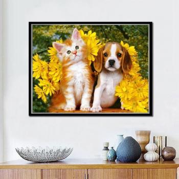 Mosaico di Pietre: Gatto & Cane Fai da Te – Ricamo, Arte e Pittura con Croce a Punto 20x30cm