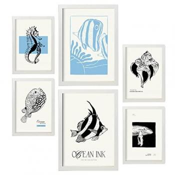 Set de 6 posters decorativos en tinta negra con patrones marinos