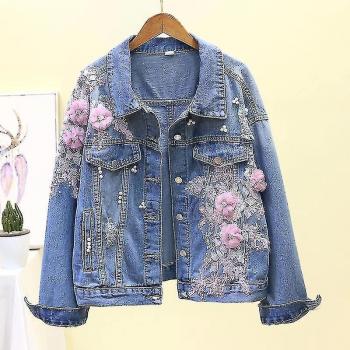Abrigo Casual de Denim con Motivo Floral 3D