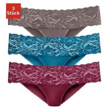 Brasilslip VIVANCE Gr. 32/34, bunt (petrol, taupe, bordeaux) Damen Unterhosen aus elastischer Baumwolle mit floraler Spitze