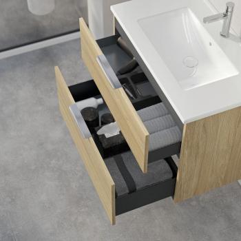 Chêne Gris Brume Meuble Suspendu avec Lavabo Vasque et 2 Tiroirs à Fermeture Silencieuse