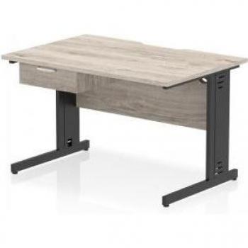 Impulse 1200×800mm Scalloped Edge Grey Oak Workstation – Black Cable Management, Single Drawer, Pedestal Legs