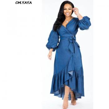 Women’s Long Sleeve V-Neck Denim Dress with Sashes and Ruffles DF0617