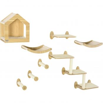 Pawhut 8pcs Cat Shelves Set, Cat Wall Furniture With Condo, 3 Perches, 3 Scratching Posts, Steps, Wall Mounted Cat Tree For Indoor Cats, Beige