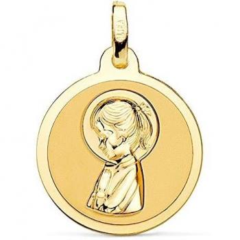 Medalla de oro 18k Virgen Niña 18mm en relieve fondo liso redonda