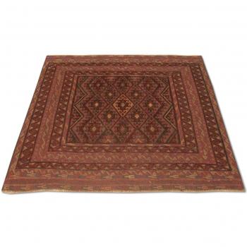 Morgenland quadratischer Wollteppich, Kelim rot, 6 mm Höhe, handgewebt