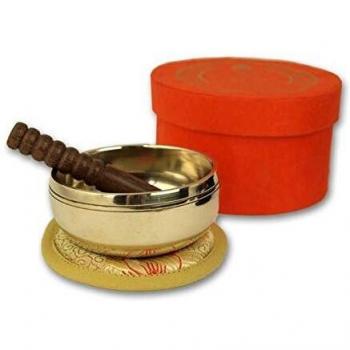 Kleine hochglanz Klangschale in orangefarbiger Box mit Buddha-Aufdruck