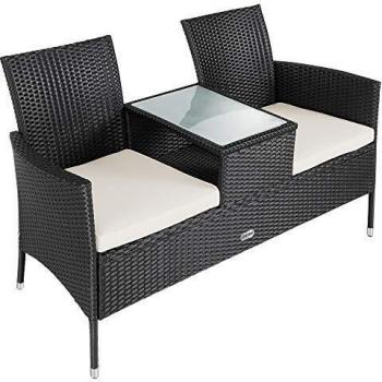 Polyrattan Gartenbank Kino 2-Sitzer Schwarz 143x55x88cm mit Tisch und Kissen