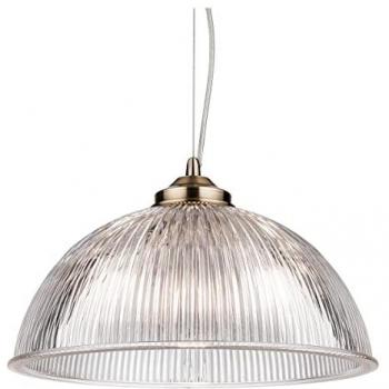 Netlighting Ashford 1 Light Ceiling Pendant in Antique Brass and Clear Ribbed Glas