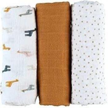 Lot de 3 langes en mousseline écrue et ocre