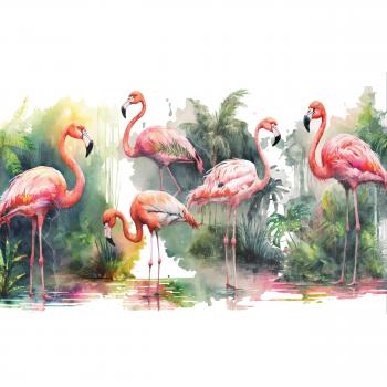 Murale Panorama Jungle : Flamingos roses, Feuilles –