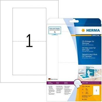 HERMA 5033, CD-Einleger, weiß, 121 x 242 mm, für Slimcase, Karton, mikroperforiert, 25 Blatt (= 25 Etiketten)