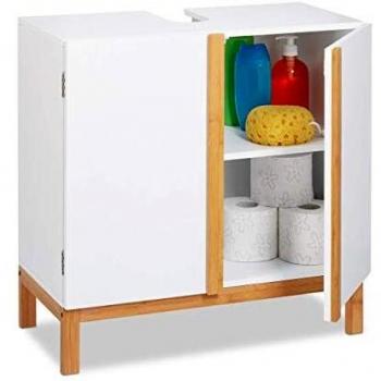Armadietto Lavabo Relaxdays: Mobile sottolavabo 2 compartimenti, MDF & bambù, 60,5×60,5×30,5 cm – Bianco/Marrone