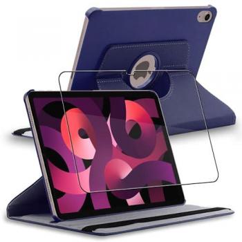 Housse pour iPad 10.9 (2022) en PU Cuir Rotatif 360 + Film Verre Trempé, Bleu Foncé