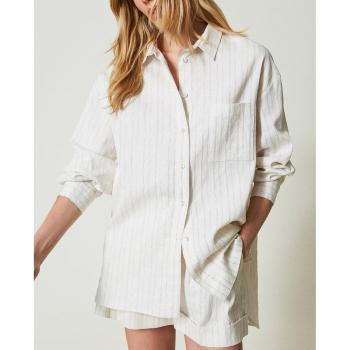 Twinset camisa de mujer de lino mixto con rayas de lúrex, ajuste holgado, color blanco y plata, talla 46