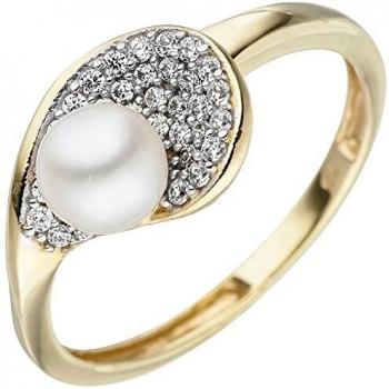 Damenring JOBO 375 Gold Gelbgold – 1 S. Wasserperle, 36 Zirkonia, Ringgröße 58