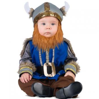 Pequeño guerrero vikingo azul con casco y barba de peluche