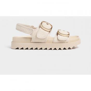 Stradivarius Women's Ecru Fabric Flat Sandals