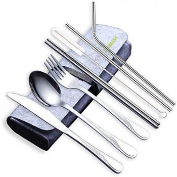 HOMQUEN Camping Cutlery Set including Knife, Fork, Spoon, Chopsticks, Straws, Brush, and Portable Case