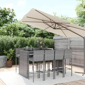 9-Piece Patio Grey Poly Rattan Garden Bar Set with Cushions