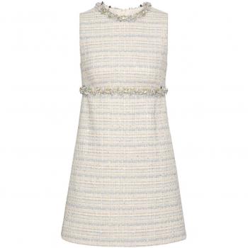Valentino Women's Embroidered Tweed Mini Dress in White, Size 42, Crystal Embellished Tweed Dress