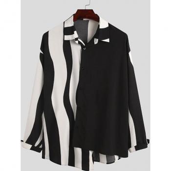 Camisa de hombre a rayas con diseño de retales, ropa de calle, manga larga, solapa, estilo irregular, S-5XL 2022