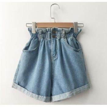 Blue and White High Waist Denim Shorts for Women