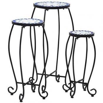 VidaXL Tavolini in Ceramica Mosaico 3 pz Blu e Bianco