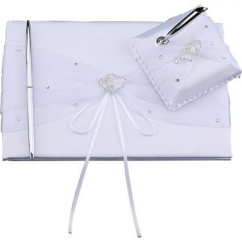 Satin Guest Book with Double Heart Diamante for Weddings