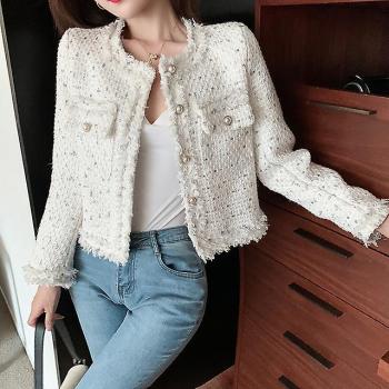 Chaqueta Corto de Tweed para Mujer, Con Cuello O, Botones, Flecos, Estilo Slim, Color Blanco