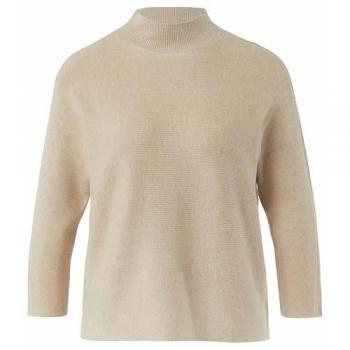 Striped Comma‑Pulli: 3/4‑Ärmel, Stehkragen, Sand – 46 (w)