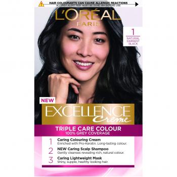 L’Oréal Paris Excellence Creme Hair Dye with Up to 8 Weeks of Color Protection, Shade 1 Natural Darkest Black
