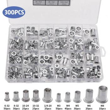 300-Piece Flat Head Nutsert Kit with M3, M4, M5, M6, M8, and M10 Sizes