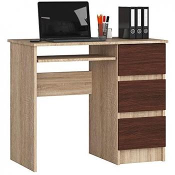 Scrivania per computer AKORD A6 con 3 cassetti a destra, Colore Rovere Sonoma e Wengé, 90x50x77 cm