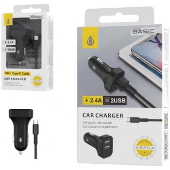 Cargador de Coche con Cable Tipo C y 2 Puertos USB